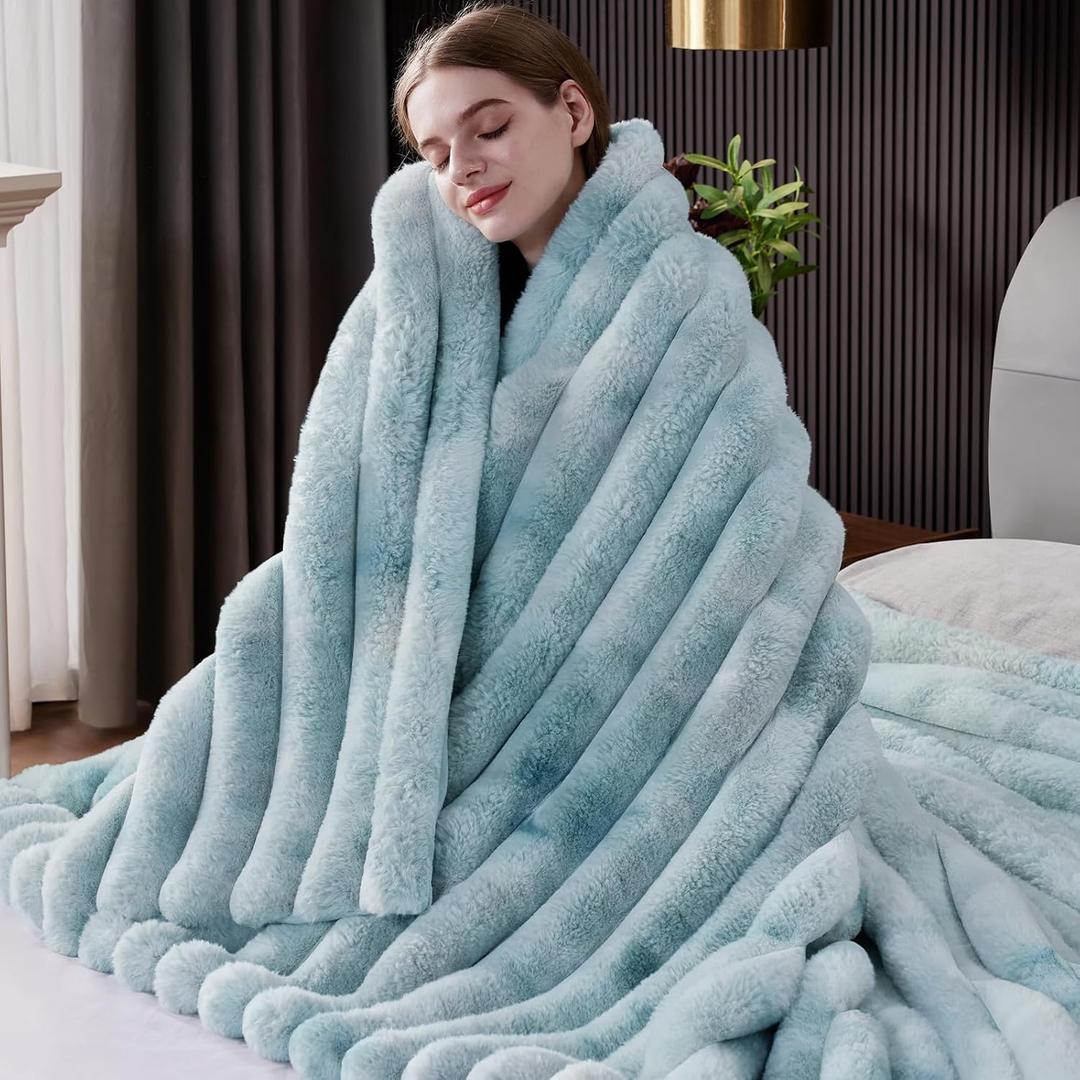 Fluffy Faux Fur Throw Blanket Queen Size, Thick 1000GSM Soft Cozy Throw Blankets for Bed, Plush Striped Warm Fuzzy Blanket for Couch LivingRoom Home Decor & Gifts(80"x 90", Tie-dye Blue)