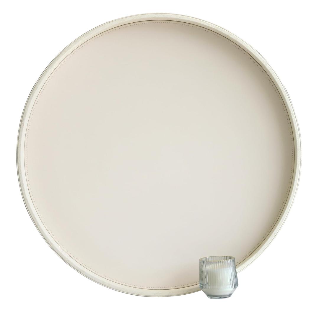 HofferRuffer Large Round Serving Tray 24'', Elegant Faux Leather Circle Ottoman Table Tray, Serve Tea Coffee Breakfast in Bedroom Living Room Kitchen (White, 24'')