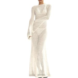Saodimallsu Women's Crochet Cover Ups Long Sleeve Sexy Mesh Backless Knit Swimsuit Coverup Beach Maxi Dress (Medium, Beige)