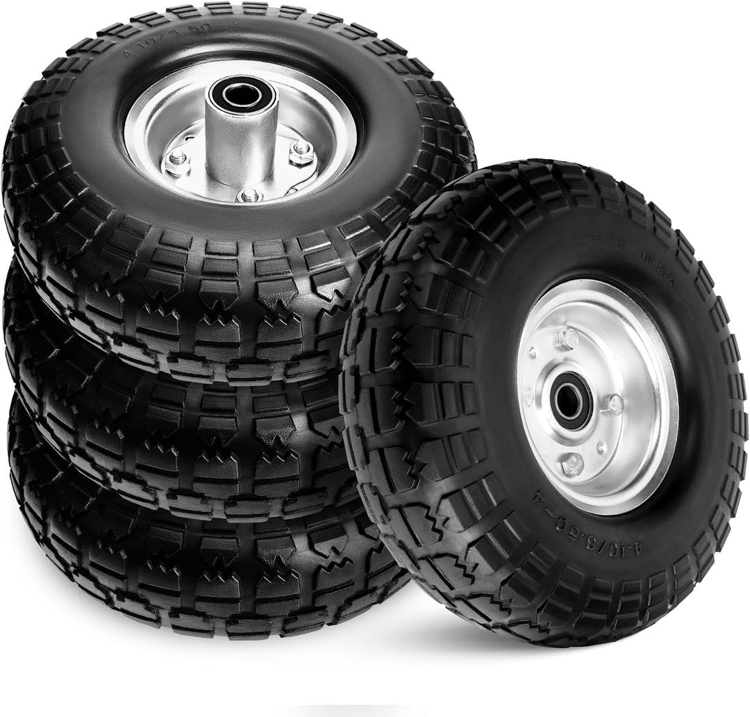 Taifa 4 PCS 10" Solid Flat Free 4.10/3.50-4 Rubber Tires and Wheels Replacement with 5/8'' Bearing and 2.17'' Offset Hub, Air less Wheel for Wheelbarrow/Wagon/Trolley/Lawn Mowers/Snow Blowers etc.