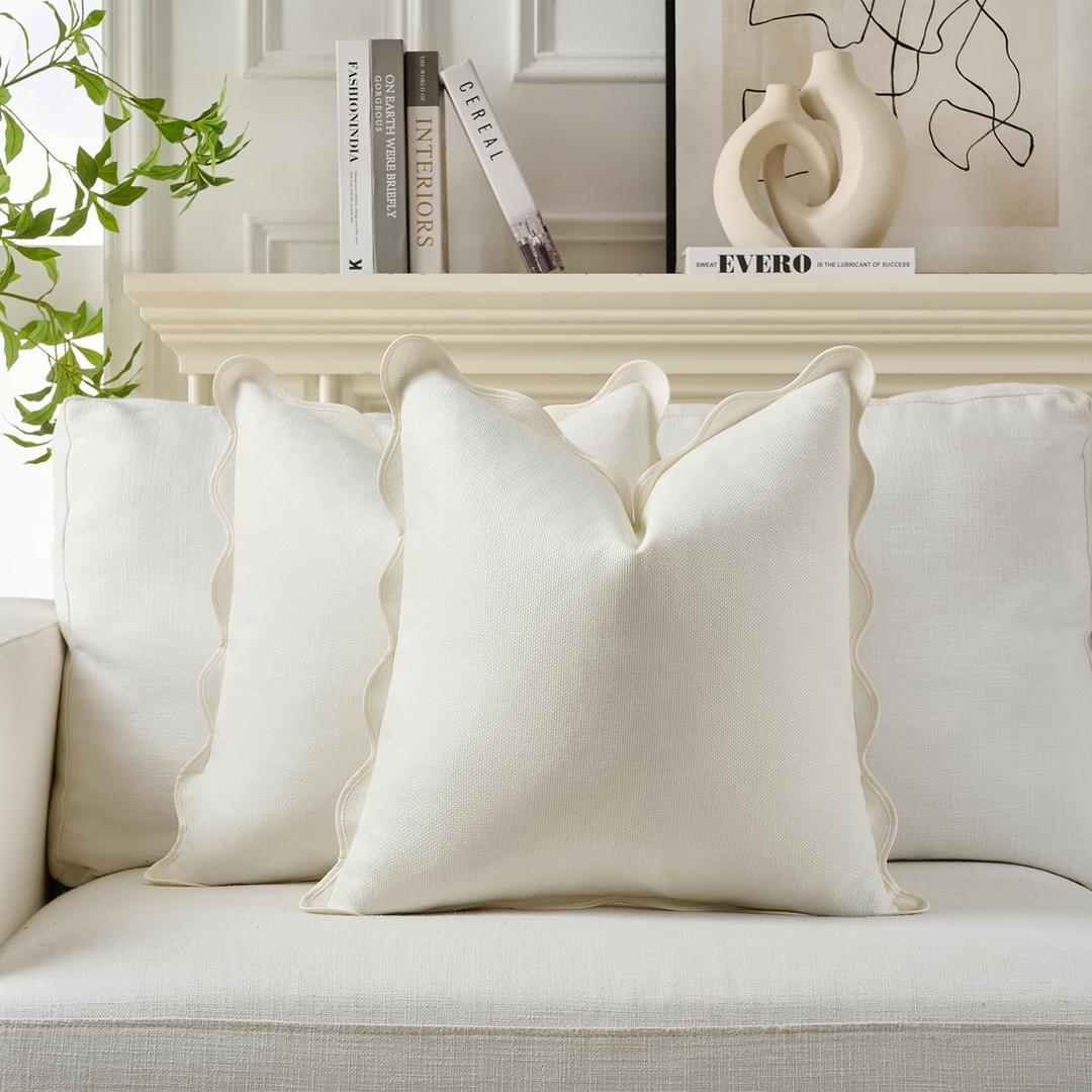 Scalloped Throw Pillow Covers | Decorative Pillow, Fabric Feels a Little Stiff | Boho Sytle for Living Room (Beige & White, 18x18 Inch)