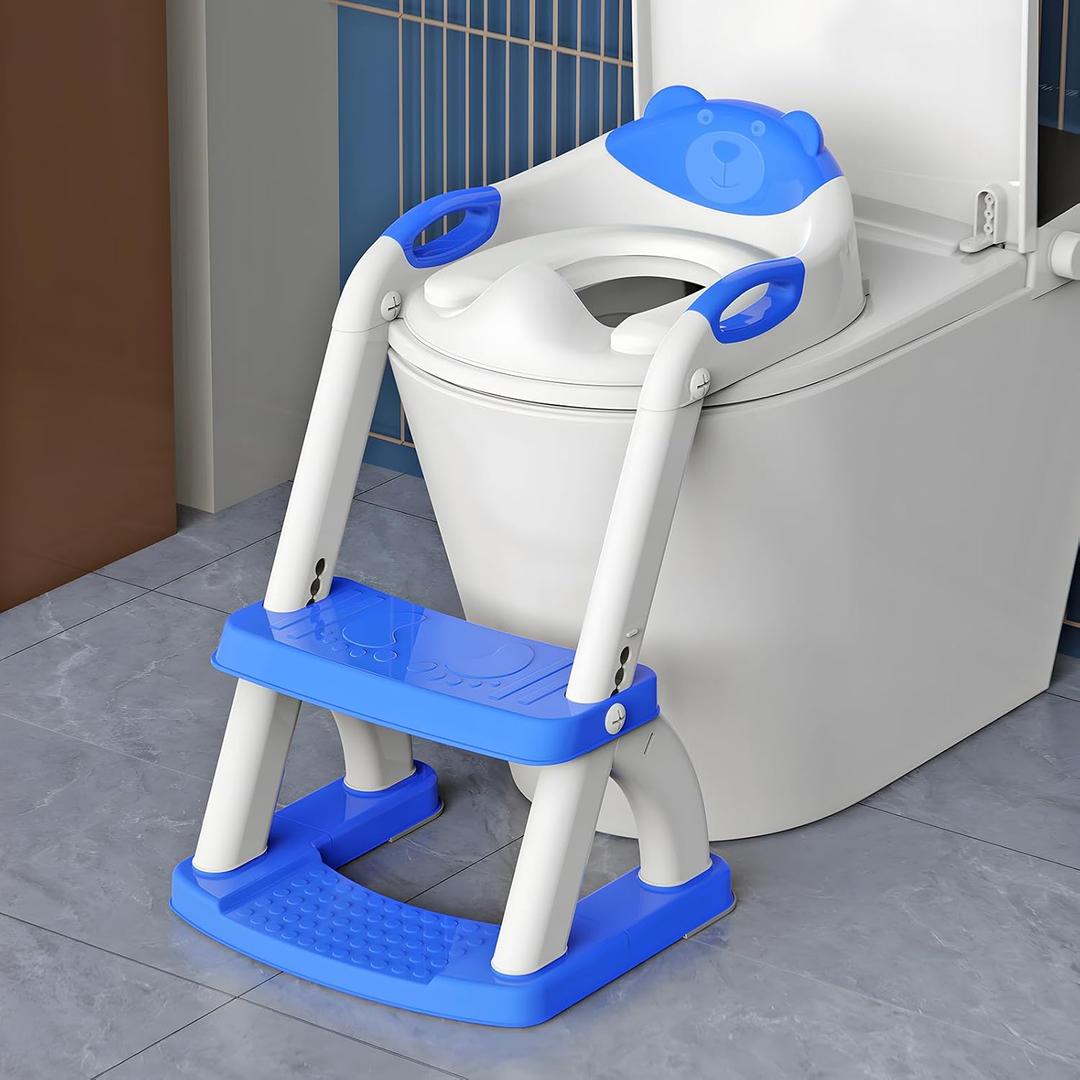 SKYROKU Potty Training Toilet, New Sector-Shape Stabilized Base two in one Toddler Toilet Seat with Splash Guard, Anti Slip Pad, and Step Stool Dark Blue (8898-dark blue)