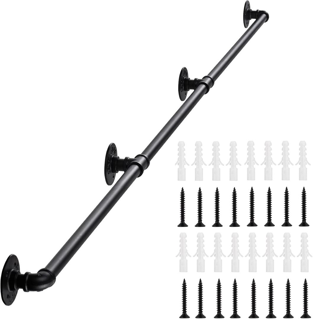 Handrail for Indoor Stairs - 14 Feet Wall Mount Industrial Iron Pipe - Metal Railing Non-Slip Grab Bar - Stairs Porch Deck Hand Rail Matte Black