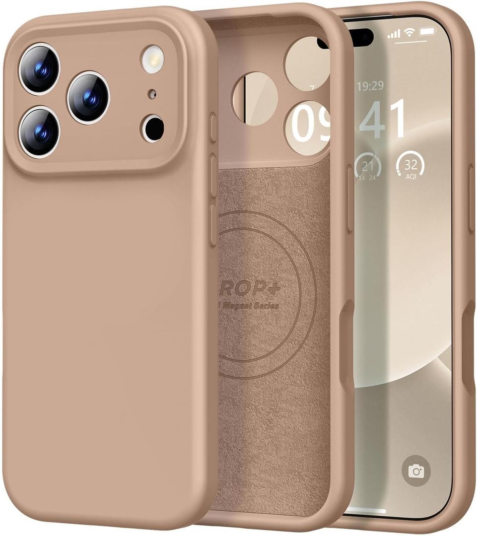 Vooii Magnetic for iPhone 17 Pro Case, Compatible with Magsafe (Premium Liquid Silicone) (Integrated Camera Control Button) Full Body Protective Anti-Scratch Microfiber Lining 6.3", Light Brown