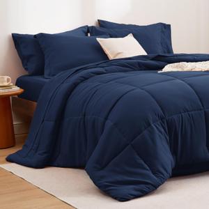 Bedsure Navy Bedding Sets Queen - 7 Pieces Solid Bed in a Bag, Queen Bed Set Navy with Comforter, Sheets, Pillowcases & Shams (01 - Navy)