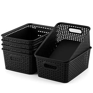AREYZIN Plastic Storage Baskets Set of 6 Sturdy Pantry Organizers and Storage Bins Storage Container for Shelves, Countertops, Desktops, Cabinets, Bedrooms Black