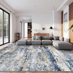 Area Rugs 10x14 Living Room: Washable Rug Modern Abstract Neutral Soft Non-Slip Low-Pile Indoor Large Carpet for Bedroom Dining Room Playroom Home Office (Blue Grey Brown, 10'x14')