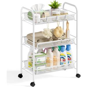 SYKIARIOL Metal Rolling Utility Cart, 3-Tier Mesh Wire Storage Trolley with Easy Assembly, Organizer Craft Cart 3 Hooks, Mobile Shelving Unit for Kitchen, Bathroom, Laundry Room, and Home (White)