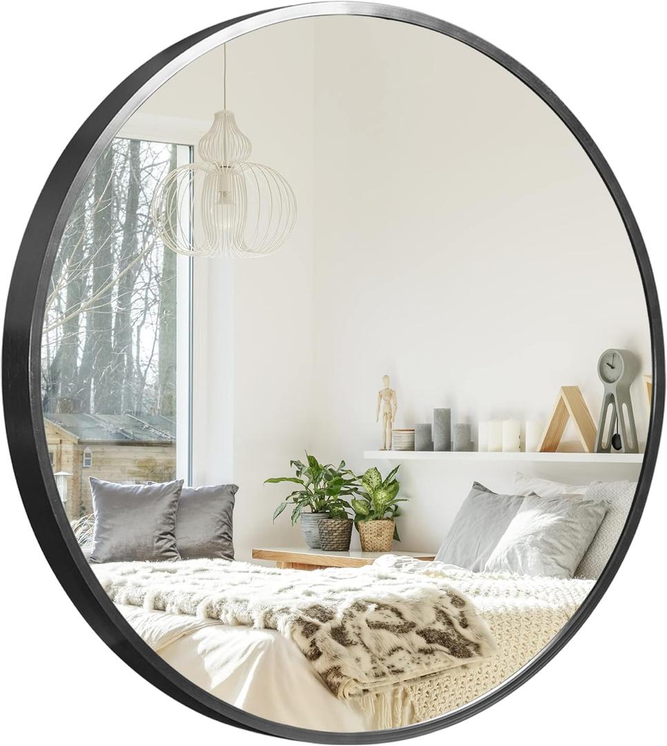 NeuType Round Mirror Circle Mirror 36 Inch Aluminum Alloy Frame Wall Mirror Large Vanity Hanging Decorative Mirrors for Entryway, Bathroom, Bedroom, Living Room, Black
