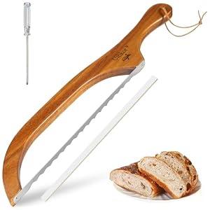 Uibkor Wooden Bread Bow Knife, 16" Serrated Sourdough Cutter, Premium Stainless Steel Serrated Saw Bread Cutter, Bread Slicer, Bagel Slicer Knife for Homemade Bread, Bagels, Baguettes, Rustic Loaves