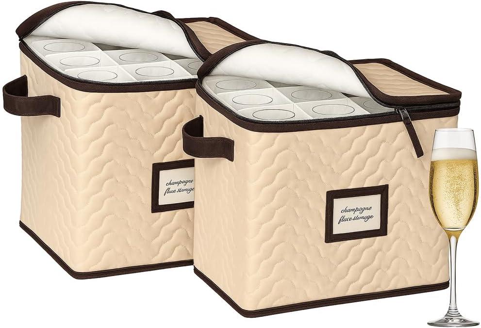 Champagne Flute Storage Boxes with Dividers - Set of 2 - Each Holds 12 Glasses up to 3.75" Wide - Quilted Microfiber Case with Handles - Protects Stemware - Ideal for Champagne & White Wine Glasses