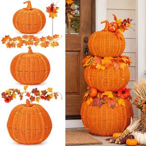 24'' Large Stackable Pumpkins Wicker Pumpkin with LED Lights for Porch