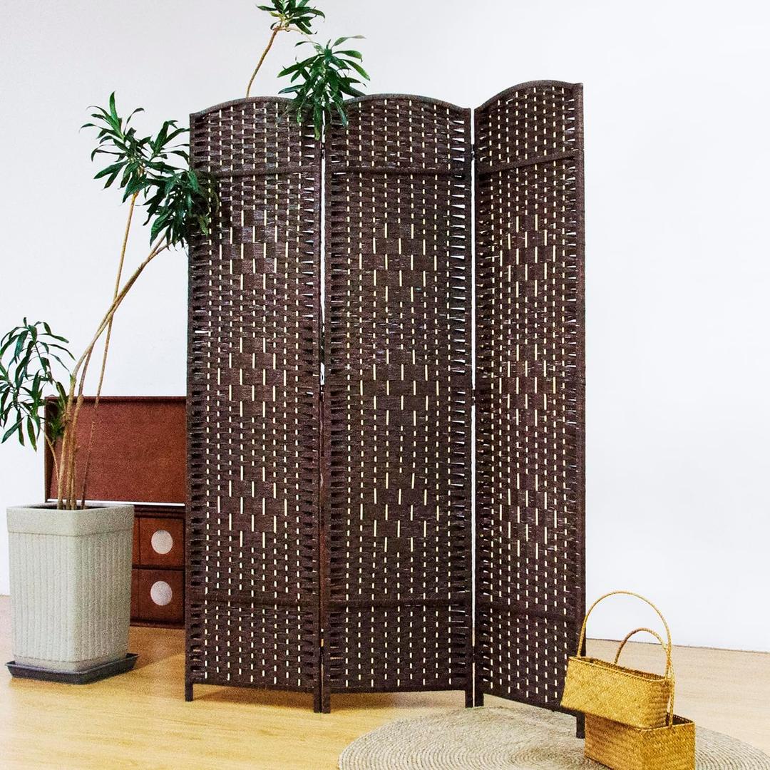 Furnnylane 3 Panel Rattan Room Divider, Dark Brown Folding Privacy Screen