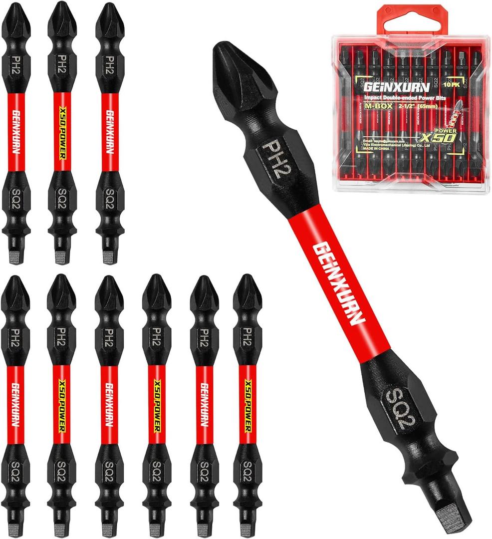 Geinxurn 10Pcs PH2-SQ2 Impact Double End Screwdriver Bit Set, 2.56 in. #2 Phillips /#2 Square Power Driver Bits, Magnetic S2 Steel Two Sides Screwdriver Bits Set with Storage M-Box