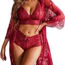 Avidlove Women's Lingerie Set Lace Kimono Robe Sexy Bra and Panty Set pajama sets Wine Red M