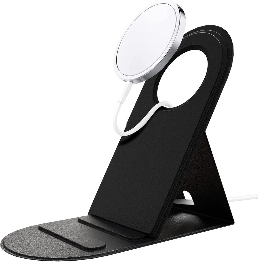 Generic MagSafe Charger Stand - Modern Luxury Style, Compatible with iPhone 14, 13, 12 Series, Magnetic Mount, Black Faux Leather Finish