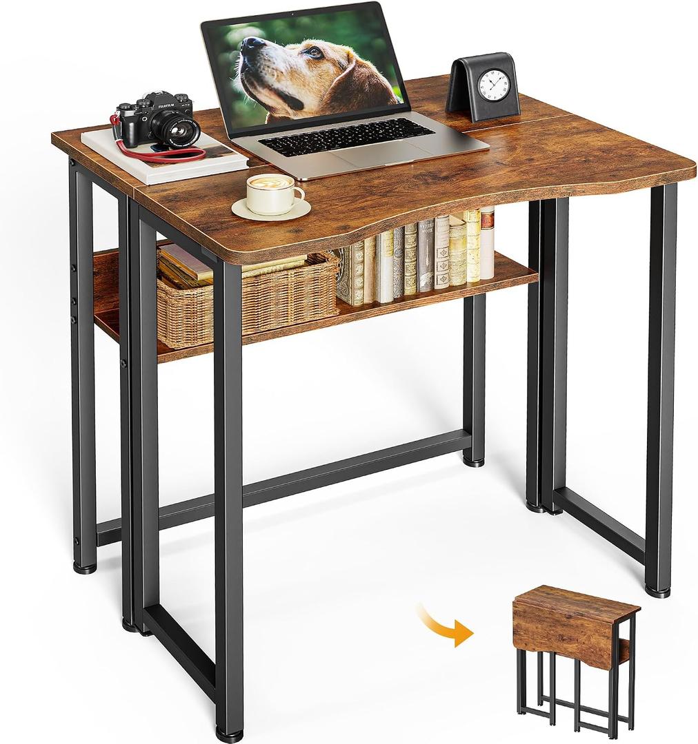 Huuger Folding Desk with Storage Shelf, 23.6 Inch Foldable Computer Table for Small Spaces, Space Saving Sofa Table for Couch, Writing Work Office Computer Desk, Easy to Fold, Rustic Brown, 18.5"d X 23.6"w