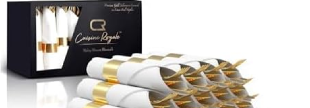 Prestee 9 Pieces Pre Rolled Gold Plastic Silverware Set - Premium Disposable Silverware Set with Napkins - Wrapped Utensils with Forks, Knives, Spoons, Napkins for Weddings and Events