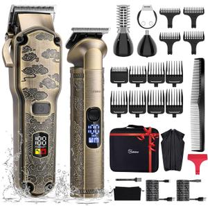 Hatteker Professional Hair Clippers for Men Beard Trimmer Clippers and Trimmer Set Waterproof T-Blade Trimmer Cordless Grooming Kit Nose Body Hair Trimmer Barber Clippers Hair Cutting Kit (Bronze)
