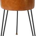 IBUYKE Faux Leather Round Footrest, Makeup Vanity Stool Side Table, PU Dressing Table Seat, Pouf Couch Stool, Golden Steel Legs, Light Brown LG-31J
