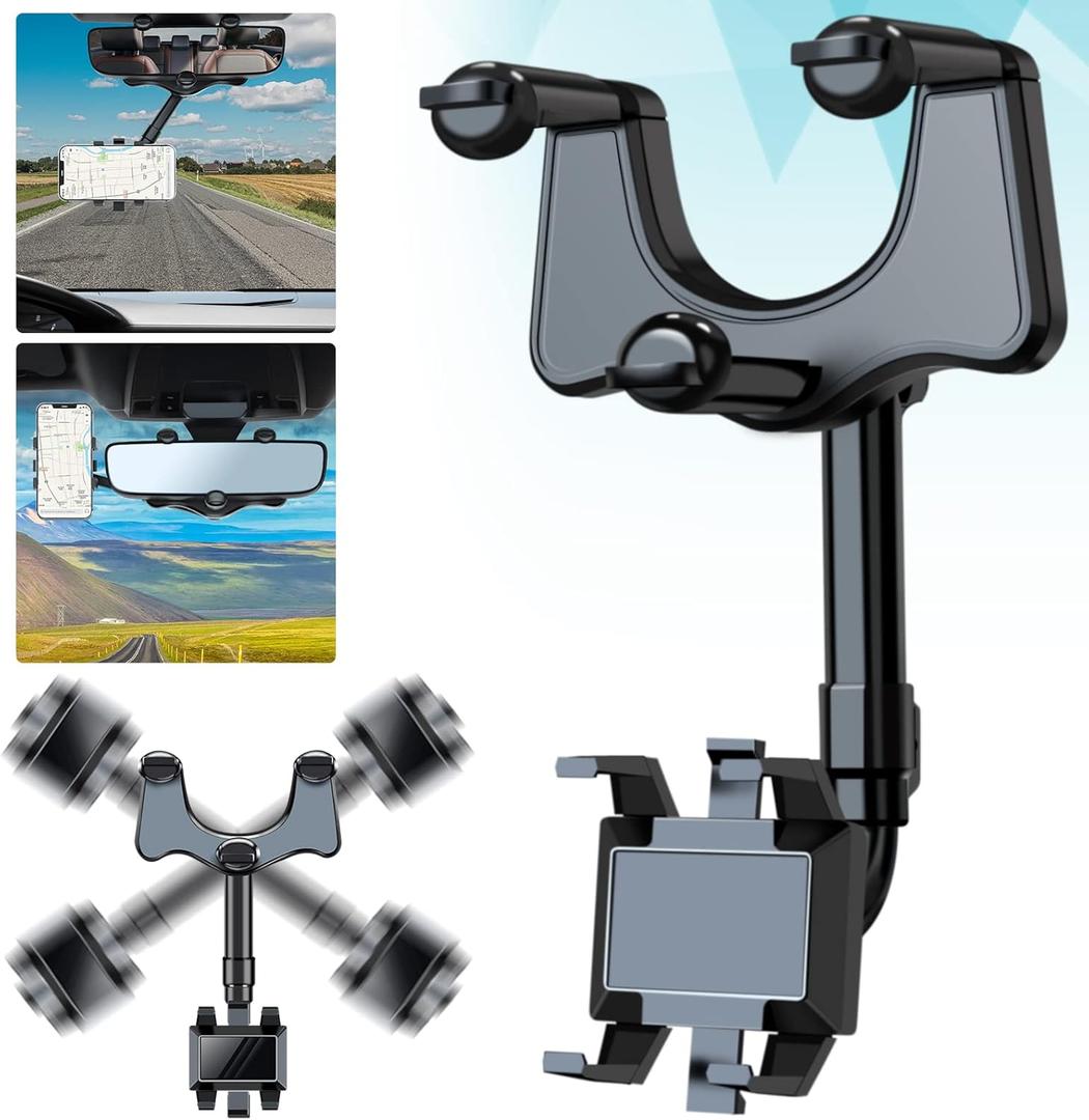 Rearview Mirror Phone Holder for Car,Adjustable Car Rearview Mirror Phone Holder 2024 Upgraded 360 Rotatable and Retractable Car Phone Holder Mount Car Rear View Mirror Cell Phone Holder Clip