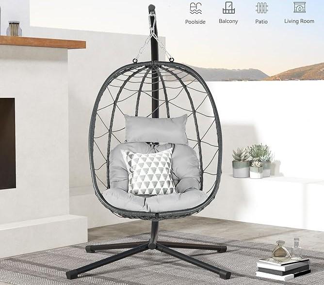 DWVO Egg Hanging Swing Chair with Stand Egg Chair Wicker Egg Chair with Cushions 330lbs for Patio, Bedroom, Garden and Balcony, Gray