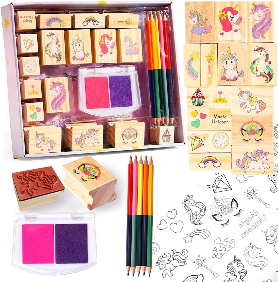 Unicorn Wooden Stamp and Sticker Set for Girls, Stampers, Inkpad, Coloring Pencil, Sticker Included, Arts & Crafts Set for Girls Boys Kids Ages 4 5 6 7 8 9 10 Years Old