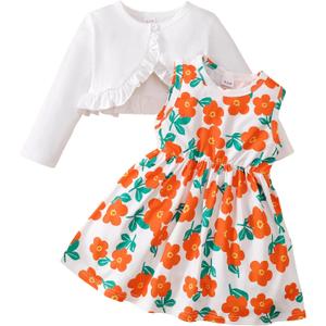 Girls Dress and Cardigan Sleeveless Floral Print Tank Dresses and Bolero Shrug 2 Piece Kids Girl Spring Outfit (18-24 Months, White)