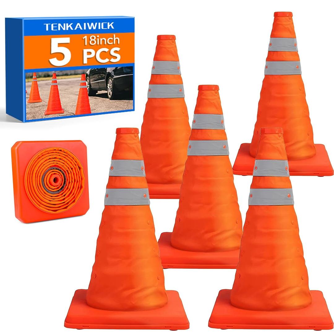 TENKAIWICK 18 Inch 5 Pack Traffic Cones, Collapsible Safety Cones, Multi Purpose Pop-up Cones with Reflective Collar, Orange Cones for Parking lot, Driveway, Driving Training etc