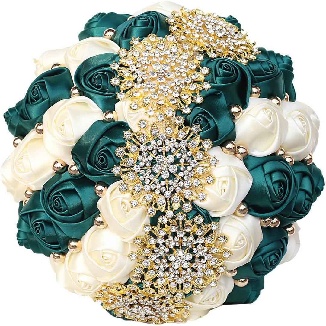 Emerald Green Ivory Bridal Wedding Bouquet with Bling Gold Rhinestone Pearl for Bride Bridesmaid Quinceanera Emerald Green and Ivory Satin Rose Flower Brooch Wedding Bouquet 7.1in