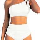 Women High Waisted Bikini - One Shoulder Bathing Suit Tummy Control Two Piece Swimsuit 2025 (Large, White)