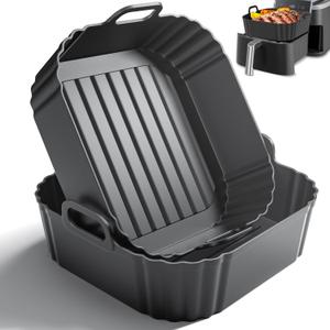 8.5 Inch Square Silicone Air Fryer Liners 2 Pack, Reusable Air Fryer Basket Liners for Ninja AF141 AF142 AF181, COSORI, Cuisinart, Chefman, Instant Air Fryer 56.5 QT (Black)