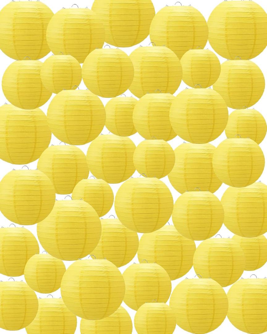 Treela 48 Pcs Paper Lanterns Party Decorations Chinese Round Paper Decor 4/6/8/10 Inch Asian Hanging Lamps Decorative for Graduate Wedding Birthday Party Bridal Parties Supplies(Yellow)