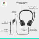 Logitech H390 Wired Headset for PC/Laptop, Stereo Headphones with Noise Cancelling Microphone, USB-A, in-Line Controls, Works with Chromebook - Black
