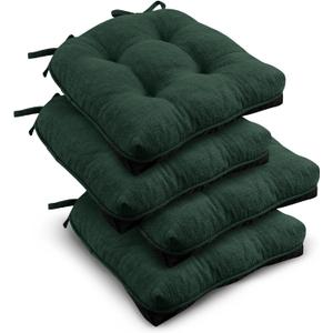 downluxe Indoor Chair Cushions for Dining Chairs, Tufted Overstuffed Textured Kitchen Chair Pads with Ties and Non-Slip Backing, 15.5" x 15.5" x 4", Dark Green, 4 Pack