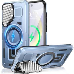 Camera Stand Case for Galaxy S24 FE, [Compatible with MagSafe][Lens Cover] 2024 Version Military Grade Protective Soft Case for Samsung Galaxy S24 FE 6.7" Men Women, Blue