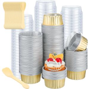 Hushee 300 Set Aluminum Foil Baking Cups with Lids and Spoons 5oz Disposable Ramekins Dessert Muffin Creme Brulee Cupcake Liners Containers for Wedding Birthday Party (Round, Gold)