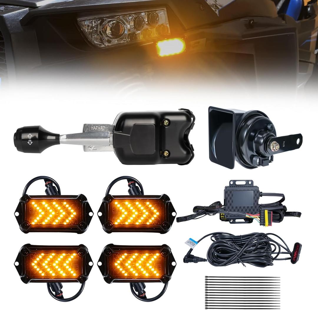 UTV Turn Signal Kit with 110dB Horn, Pre-Wired, Plug and Play UTV ATV Blinker with Lever Column Switch, Universal Street Legal Turn Signals Compatible with Polaris, Can-Am, Teryx, CFMOTO