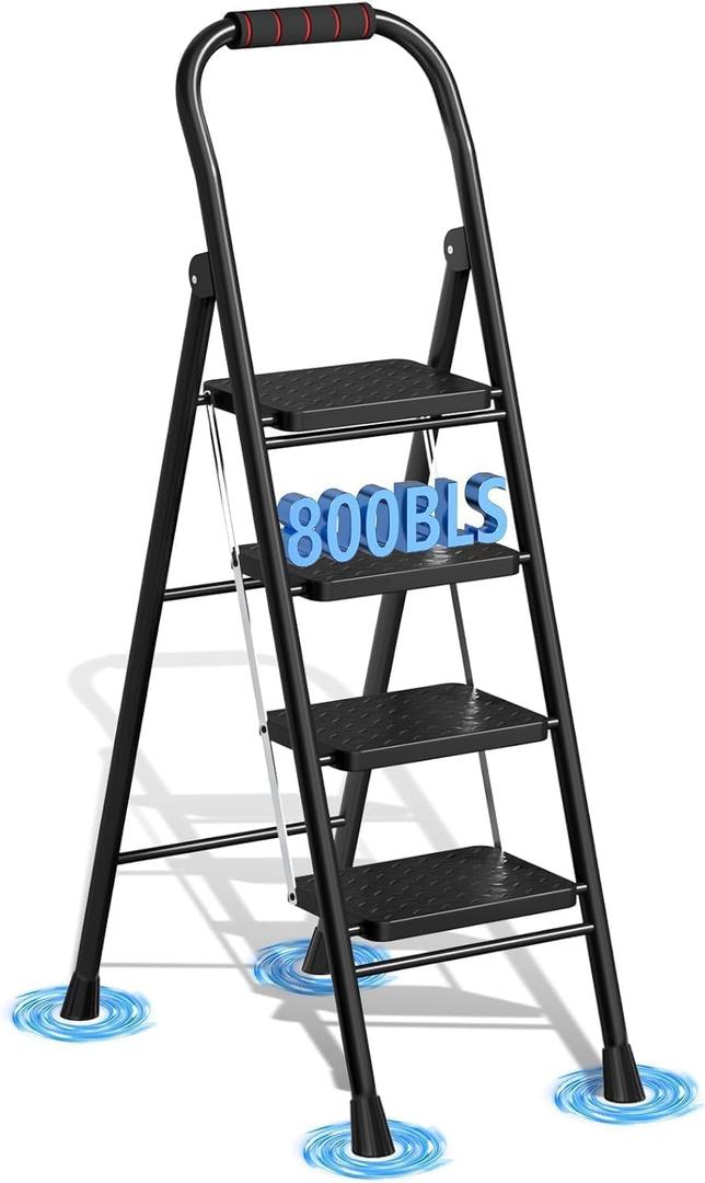 4 Step Ladder, Folding Step Stool with Wide Anti-Slip Pedal & Thick Rubber Feet, Handrail, Safe-Lock Design, Folding Portable Ladder for Multi-Purpose, 800lb, Black