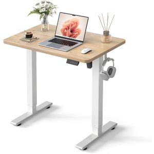 Cubiker Standing Desk, 32" Small Sit Stand Home Office Desk, Electric Stand up Desk, Adjustable Desk with Splice Board, White Frame/Maple Top, 32x19