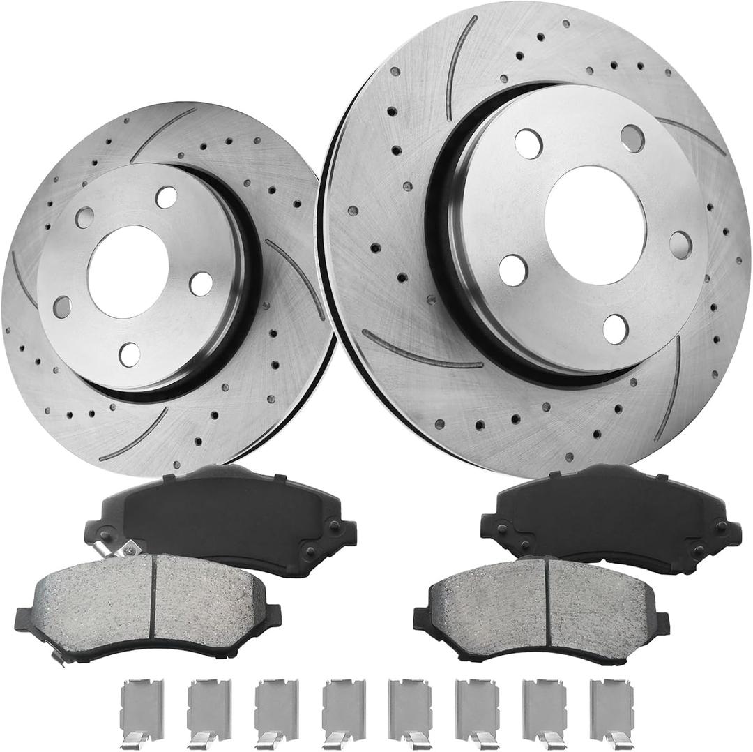Front Brake Kit, Drilled & Slotted Brake Rotors and Pads Compatible with 2007-2017 Jeep Wrangler, 2018 JK, 302mm(11.9in) Brake Disc