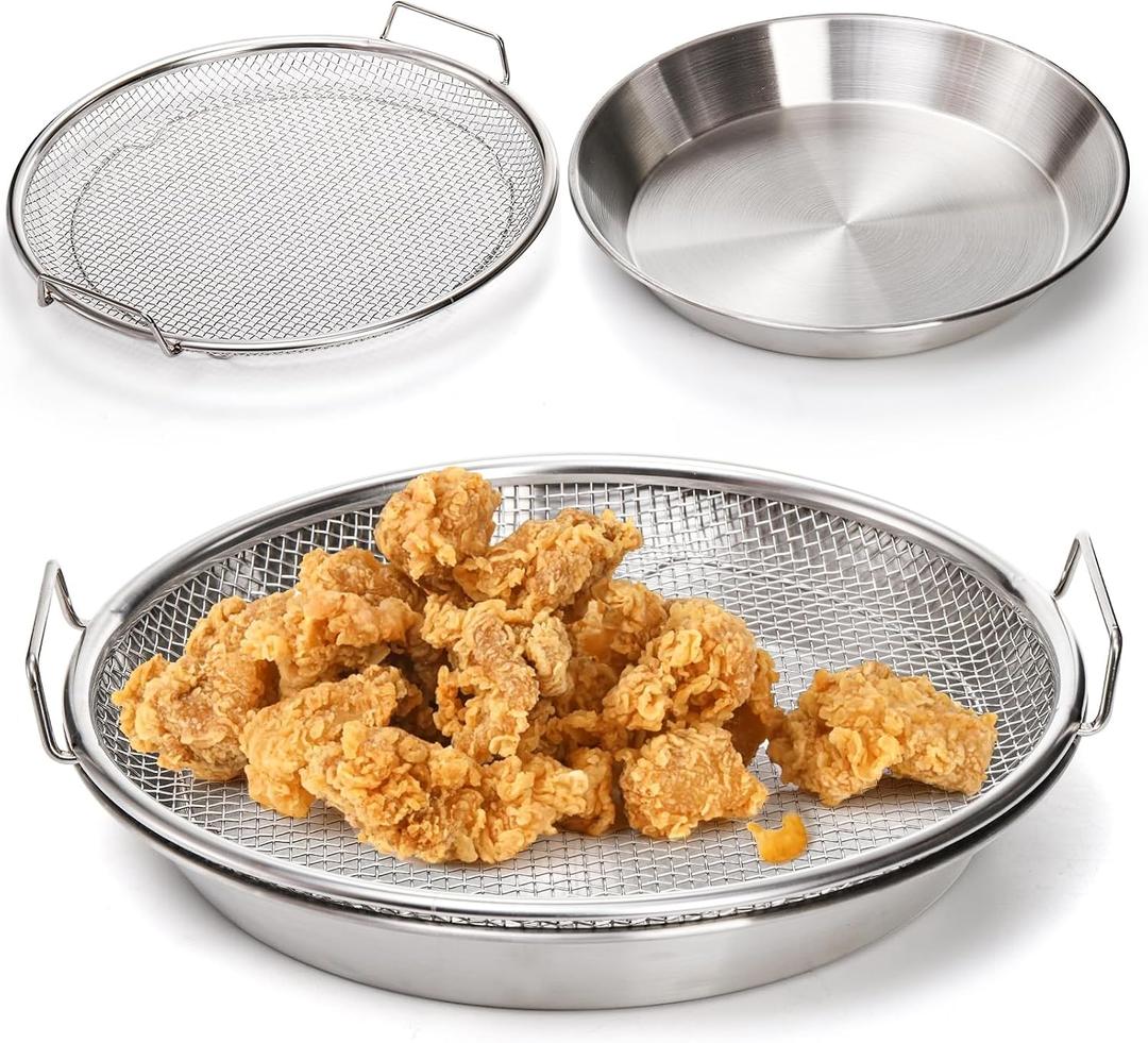 Tlence 10.3" Kitchen Oil Filter Tray, Stainless Steel Air Fryer Mesh Pan, Draining Basket Accessories for Fried Food, Cooking Net Strainer Colander for Barbecue Grill Vegetable Dessert