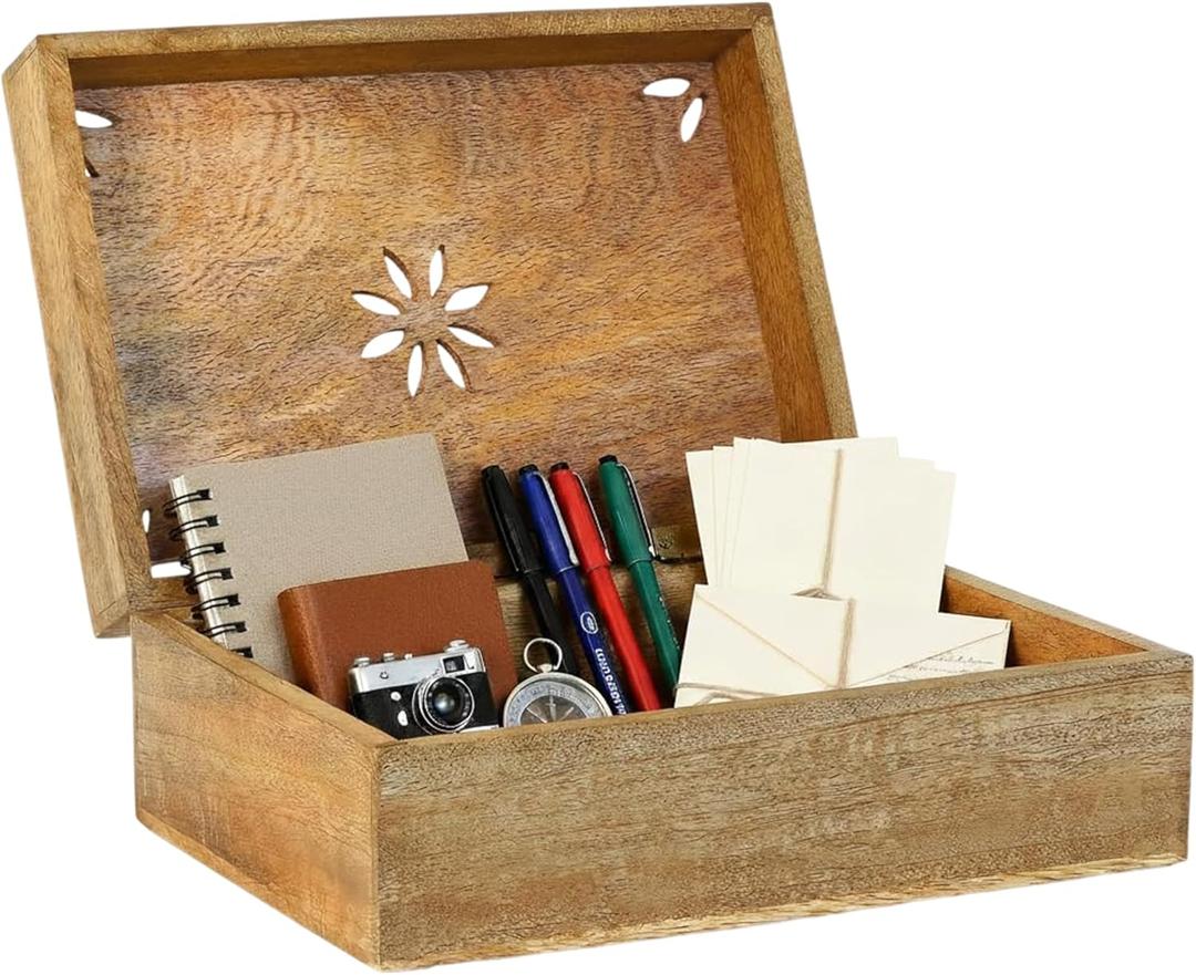 Mela Artisans 10.5 x 7.5 x 4 Mango Wood Box with Lid  Serena Light Burnt  Handcrafted Keepsake Box  Extra Large Storage for Jewelry & Home Dcor Accents