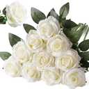 Nubry Artificial Silk Rose Flower Bouquet Lifelike White Fake Rose for Wedding Home Party Decoration Event Gift 10pcs (Off White)