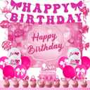 Roetyce Hot Pink Birthday Decorations for Girls, Pink Glitter Happy Birthday Banner Backdrop Balloons Hanging Swirls Cake Topper Kit, Women Kids Bday Photo Background