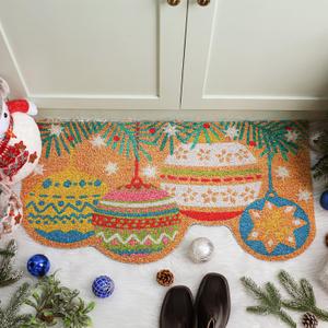 Tinideya Christmas Ball Welcome Doormat Outdoor Colorful Coir Door Mat Xmas Ball Outdoor Indoor Entrance Door Mat Non Slip Rubber Backing for Christmas Front Porch Entryway Decor (12" x 1'4" (Rectangular))