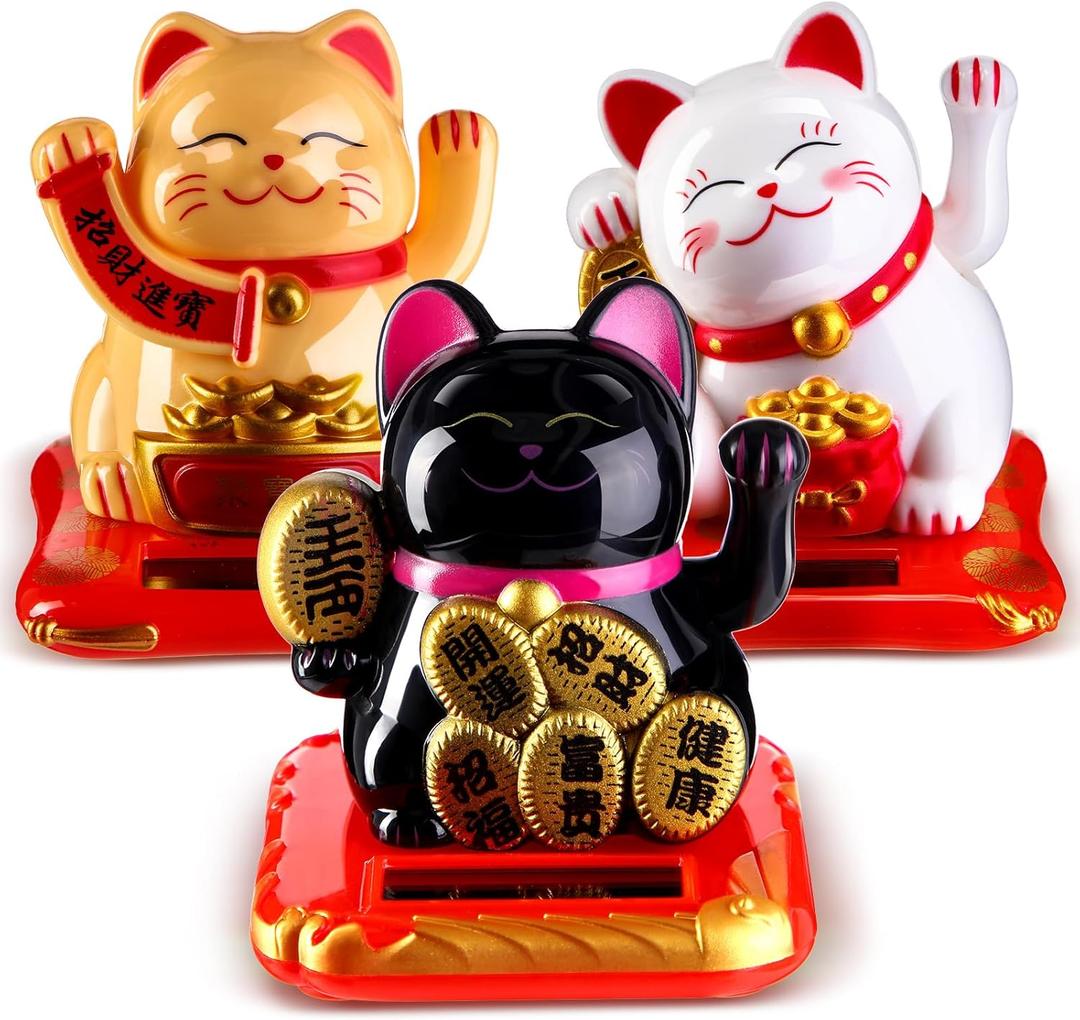 3 Pcs 2.95" Christmas Lucky Cat Waving Arm Maneki Neko Lucky Cat New Year Solar Feng Shui Fortune Wealth Chinese Welcoming Window Sun Catcher Car Dashboard Decor(Classic Color)