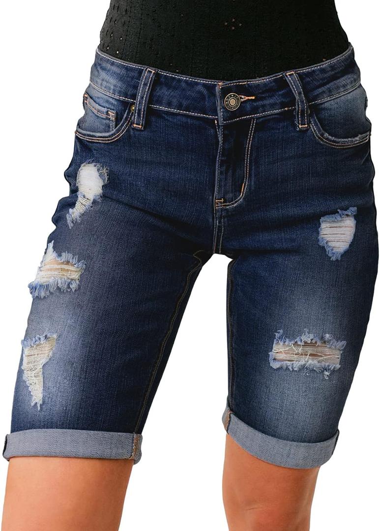 luvamia Women High Waisted Stretch Bermuda Shorts Ripped Rolled Hem Jean Shorts (Large, Dark Vintage) luvamia Women High Waisted Stretch Bermuda Shorts Ripped Rolled Hem Jean Shorts (Large, Dark Vintage)