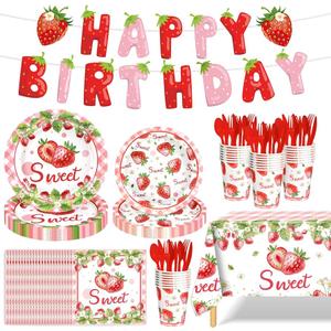 142 Pcs Strawberry Birthday Decorations Berry First Birthday Decorations Strawberry Themed Plates Cups and Napkins Sets Serves 20