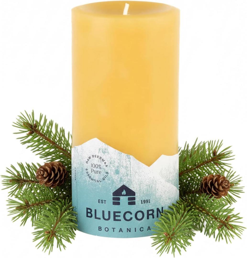 Bluecorn Beeswax Pillar Candle, 100% Pure Bees Wax, Spruce Scented Essential Oils Candle Wax, Clean Burning, Long Lasting (90 Hrs), Gifts for Women & Men, Christmas Gifts, American Made, 3" x 6"